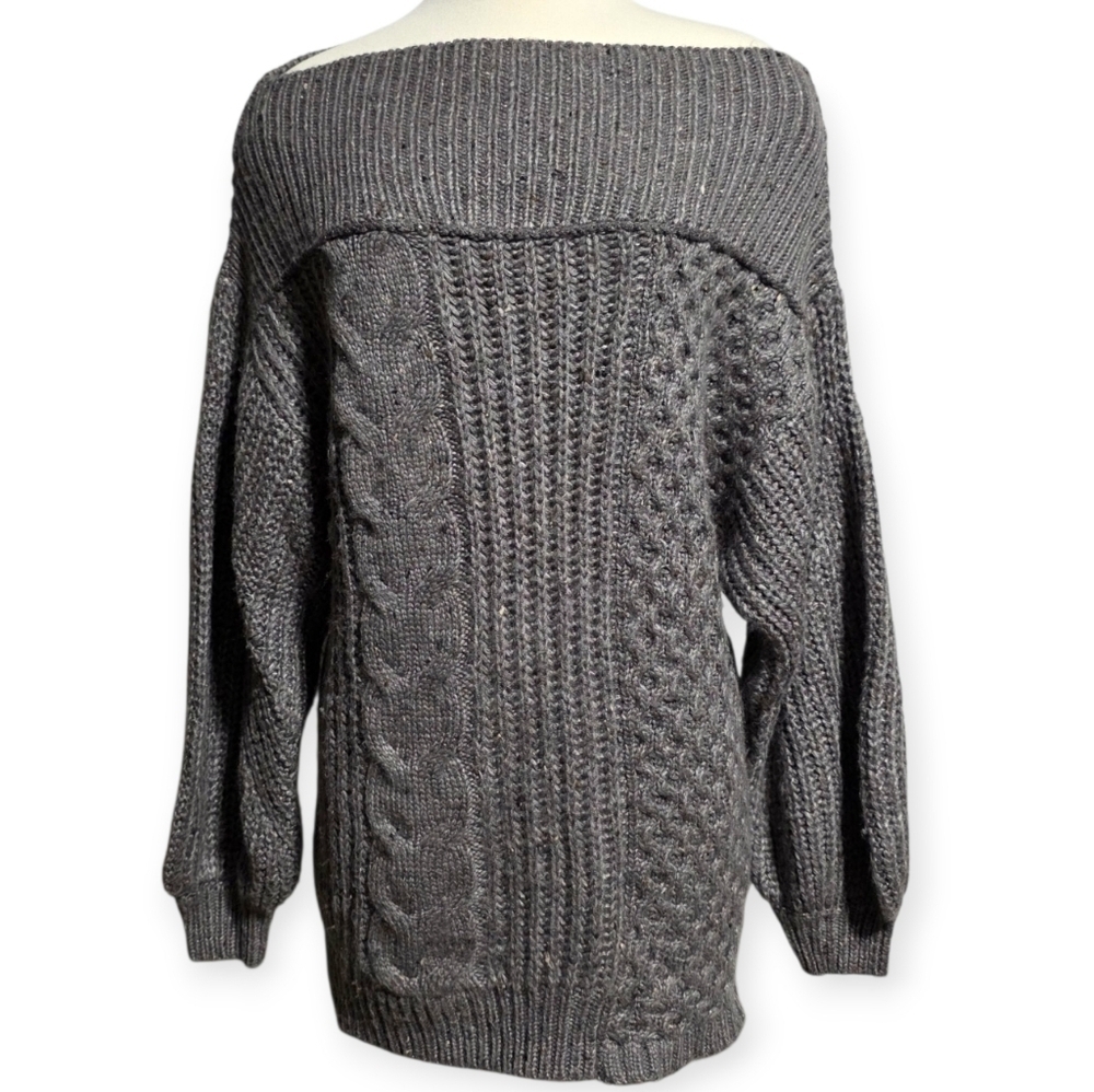 EUC FREE PEOPLE COZY CABLE OFF-SHOULDER CHARCOAL GREY SWEATER SZ XS